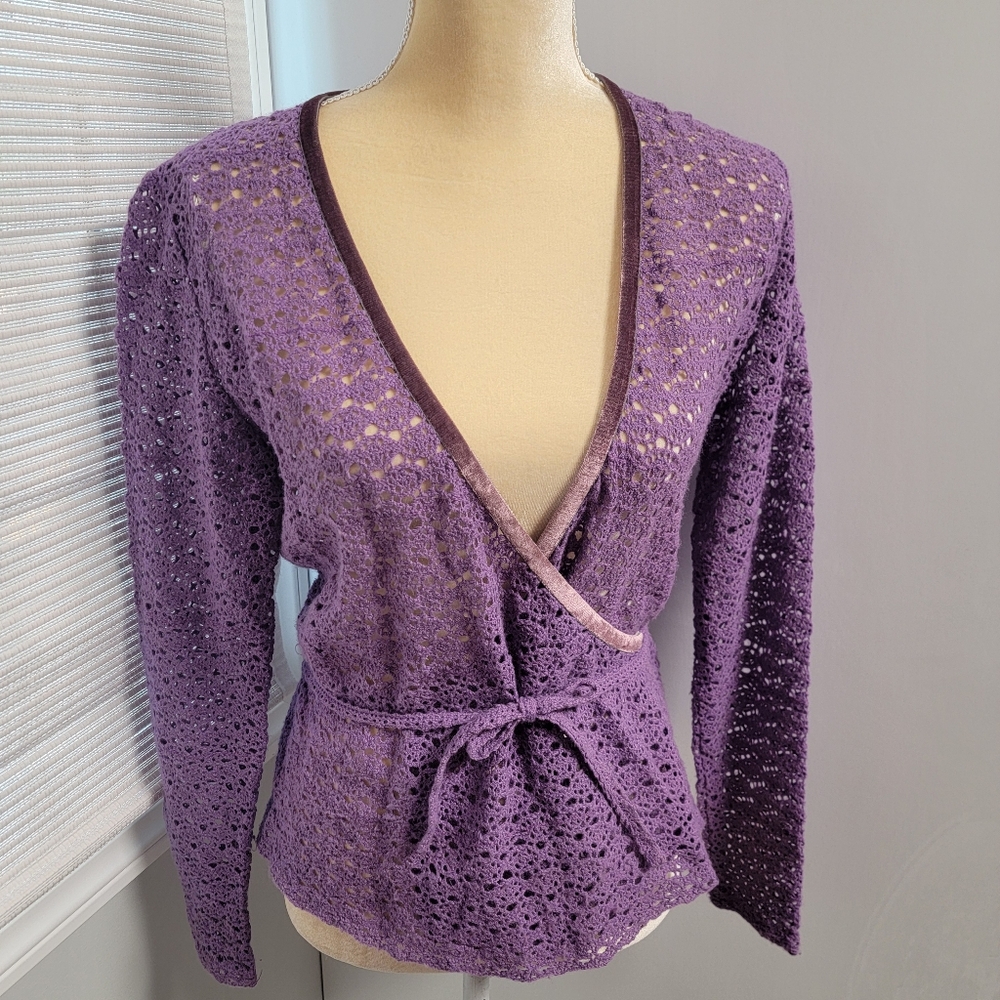 Nadine Delepine Paris Designer Knit Wrap Sweater Purple Lilac Vtg France Sz 38
